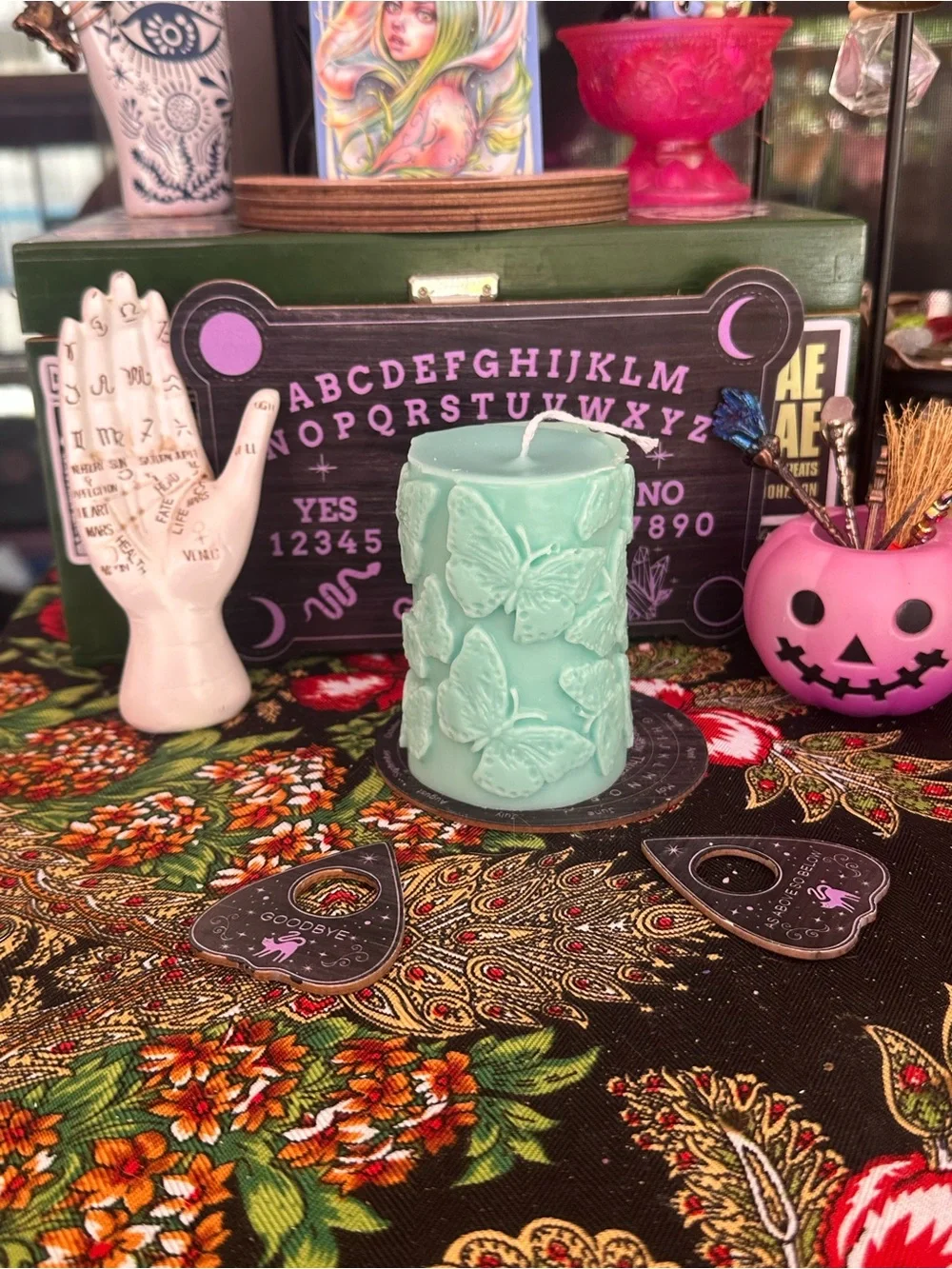 Butterfly Pillar Candle | Aqua Butterfly Candle | Cottagecore Decor